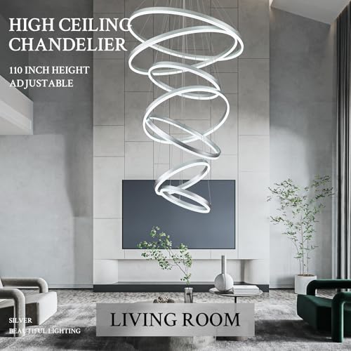 7 Rings D31.5in Modern LED Chandelier Silver Dimmable High Ceiling Chandeliers Foyer with Remote Control for Staircase Entryway Dining Room Living Room (Silver / 7 Rings 31.5in)