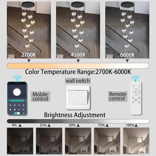 10 Light LED Staircase Modern Glass Globe Pendant Light Large Chandeliers for High Ceilings (Black-Clear / Globe 10-Light)