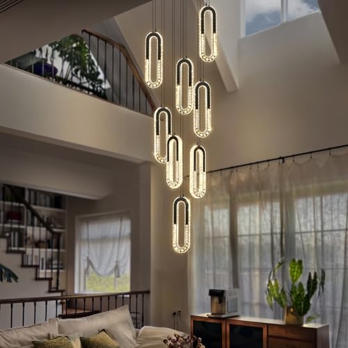 Modern Led Black Chandelier Adjustable 8 Rings Crystal Chandelier for Foyer Stairwell Crystal High Ceiling Pendant Light Dimmable 2700K (Black / 8 Rings (New))