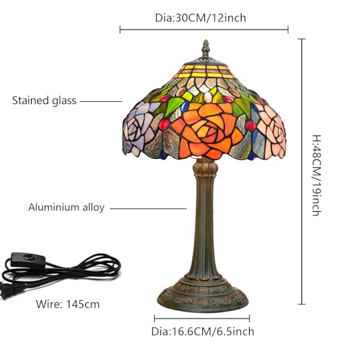 Tiffany Style Stained Glass Lamp Red Orange Purple Pink Rose Table Lamp Bedroom Bedside Reading Desk Light for Living Office Retro Unique Cute Accent Decor 12" Village Gift Nightstand Lamps (Red Yellow Rose Floral)