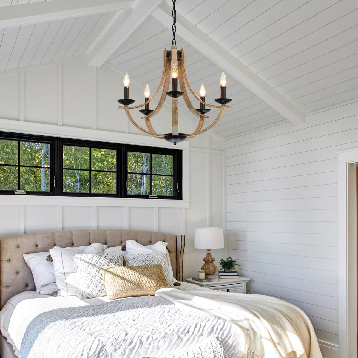 Farmhouse Chandeliers for Dining Room Light Fixture (Light Wood Grain 5-Lights D24'')
