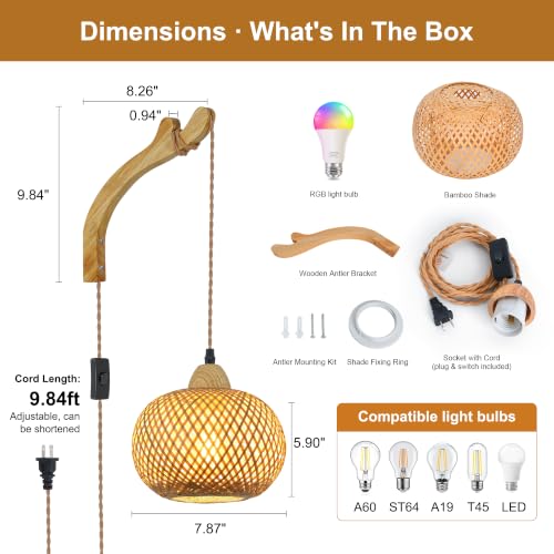 Frideko Handwoven Bamboo Wall Sconce Plug in (Orange(15 Colors))