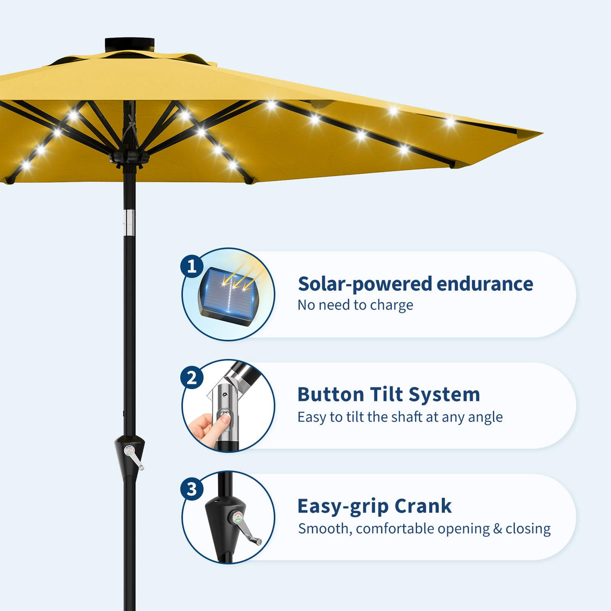 9FT Solar Patio Umbrella Outdoor Umbrella with 32 LED Lights (Yellow / 9ft With Lights)
