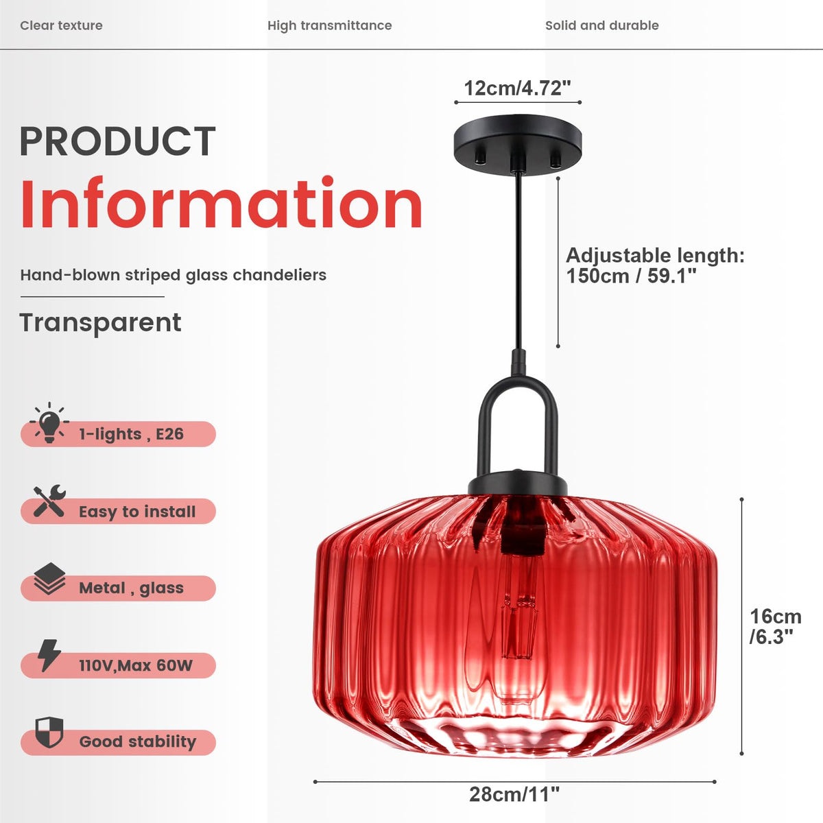 Kitchen Island Pendant Light Fixture Red Glass Hanging Lights with 11" Hand Blown Glass Shade Vintage Modern Ceiling Pendant Lighting Black Metal Finish Dining Room Adjustable Height (Red)