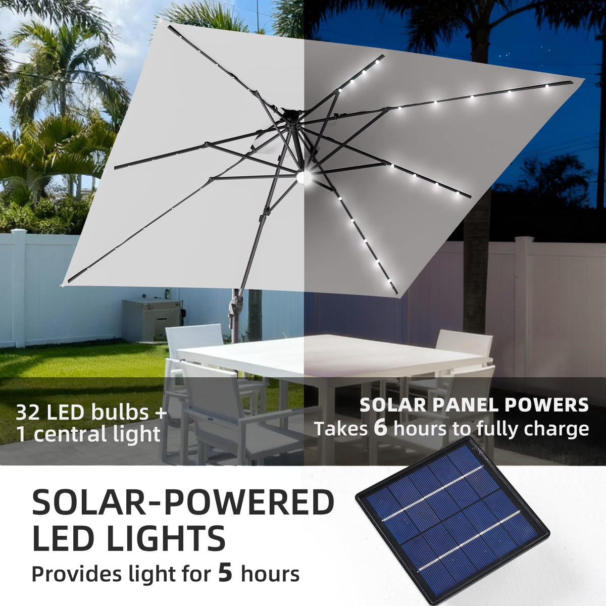 9x9 FT Cantilever Offset Patio Umbrella with Lights & Base (FogGrey)