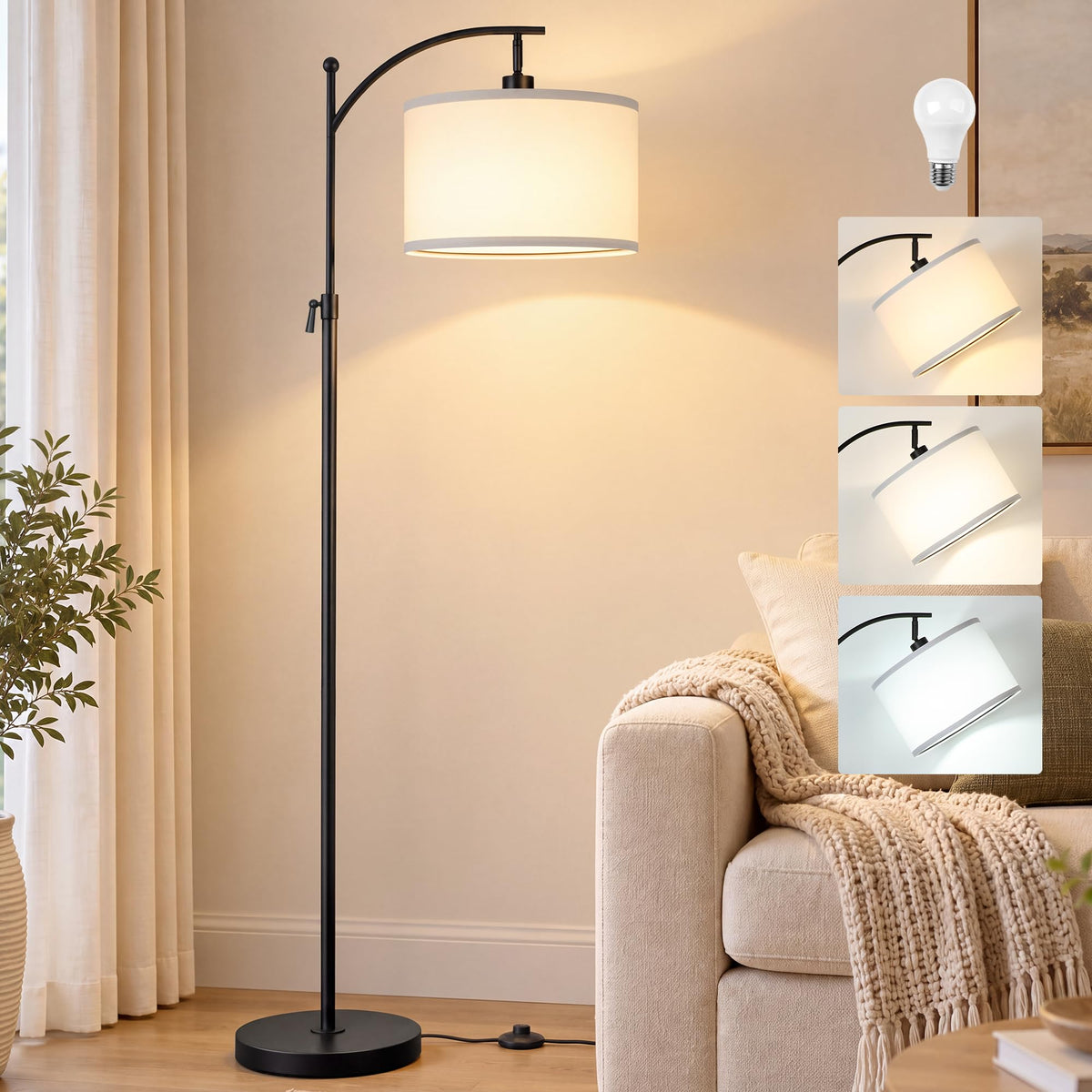 Black Arc Floor Lamp 55 (Black+White Shade-Arc)