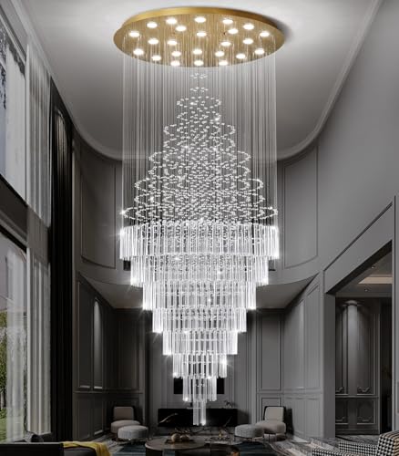 W47 x H120 Crystal LED Chandelier with Light Bulbs Luxury Raindrop High Ceiling Chandeliers for Entryway Villa Staircase Foyer Living Room Lighting Fixtures Gold (Gold / Round W47" X H118")