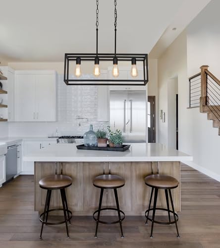 Black Rectangle Island Lighting Rectangular Modern Industrial Chandelier 4 Lights Linear Vintage Cage Light Fixtures for Kitchen Dining Room (4-Lights)