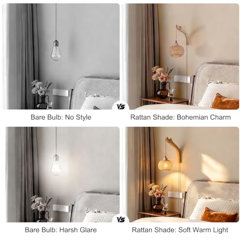 Frideko Bamboo Lantern Plug in Wall Sconces Wicker Wall Lamp with Plug in Cord Hand Woven Rattan Wall Light Farmhouse Rustic Wall Sconces Boho Sconces Wall Lighting for Living Room Bedroom (Orange(1PC))