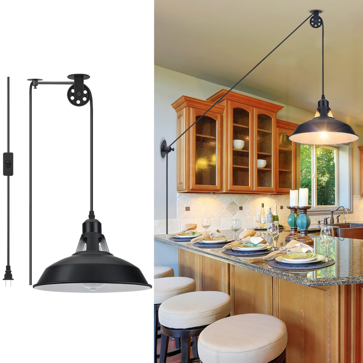Plug in Pulley Pendant Light with 14.76ft Cord On (Black / ‎1 Pack)