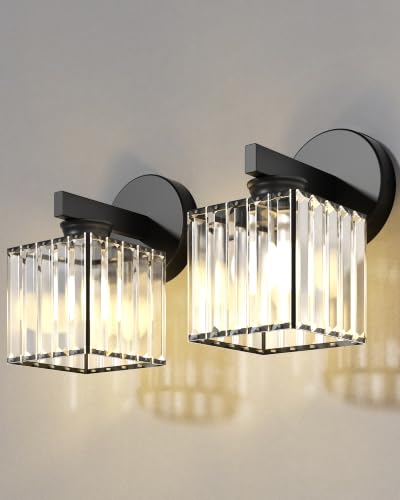 Hardwired Wall Sconces Set of Two with Crystal Lampshade (Black-A)