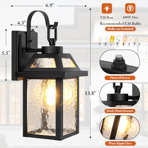 2 Pack Dusk to Dawn Outdoor Wall Lights with Water Ripple Glass (13.8" (2-Pack）)