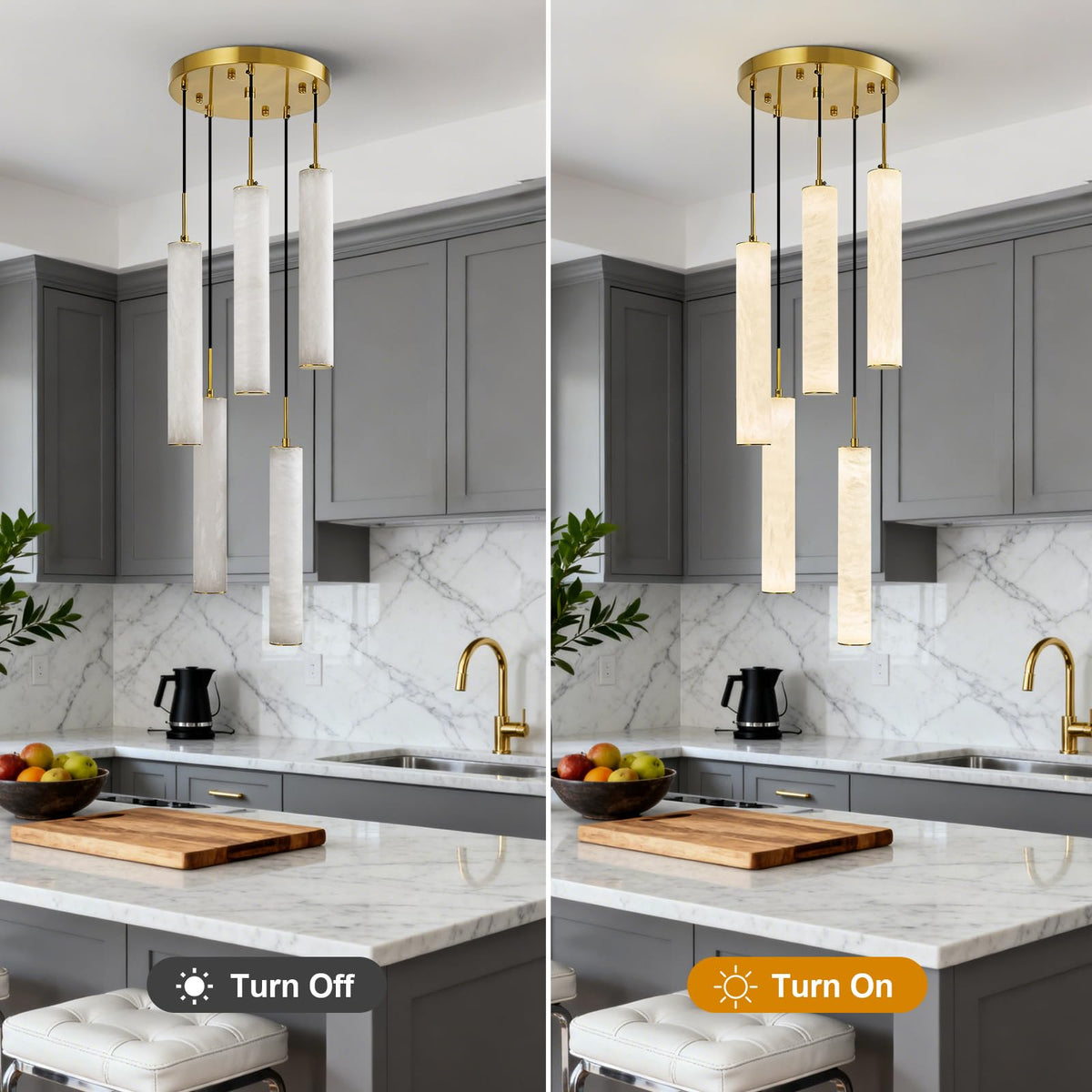 Natural Alabaster Pendant Lights for Kitchen Island White Marble Long Tube Chandelier 4000K Modern Gold Ceiling Light Fixtures for Bedroom Dining Room Table Living Room Hallway (Gold-NeutralLight / 13.9in-5Light)