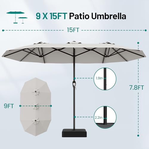 15FT Outdoor Patio Umbrella with Crank (Light Gray / 9x15 Ft)