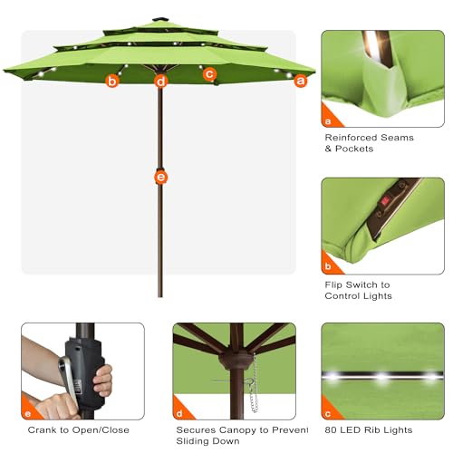 USA 10-Year-Non-Fading 10ft 3-Tier Market Patio Umbrella, Commercial Table Umbrella with 80 Solar LED Lights, Crank Open, Windproof & UPF 50+ UV Protection for Garden, Deck, Pool, Backyard, No Tilt, Macaw Green (Macaw Green / 10FT(Triple Vents No Tilt))