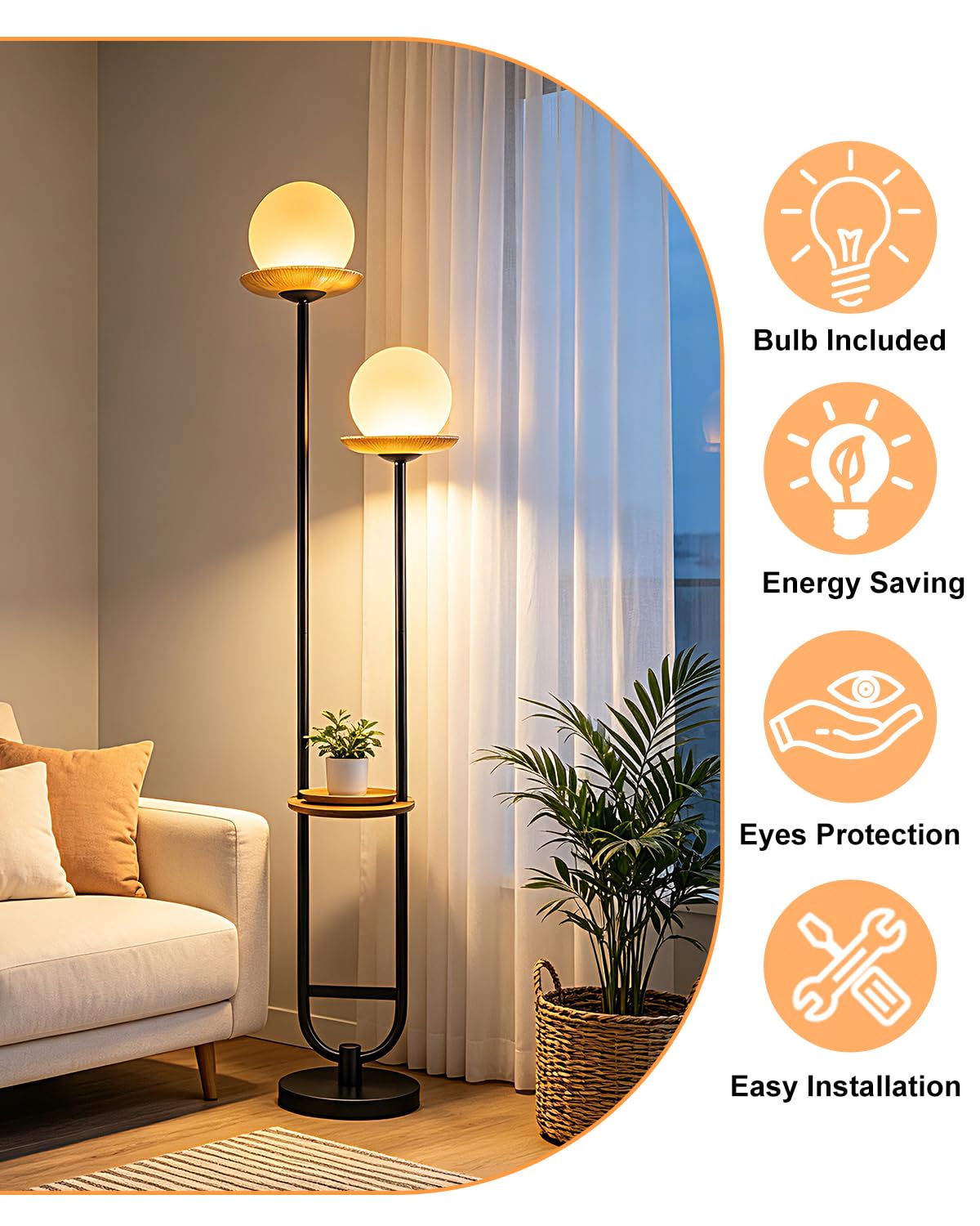 2 Globe Floor Lamp with Amber Glass Tray Black Dimmable Tall Lamp (Brown-2U Black)