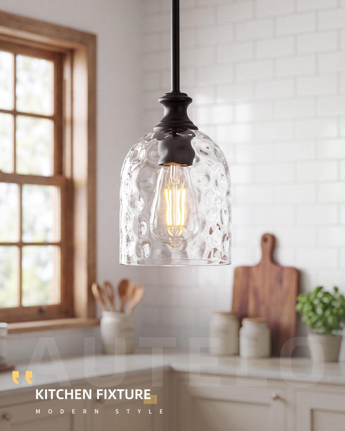 Modern Black Hammered Glass Pendant Lights Kitchen Island (1 Pack-Matte Black+Hammered Glass(Easy to install))
