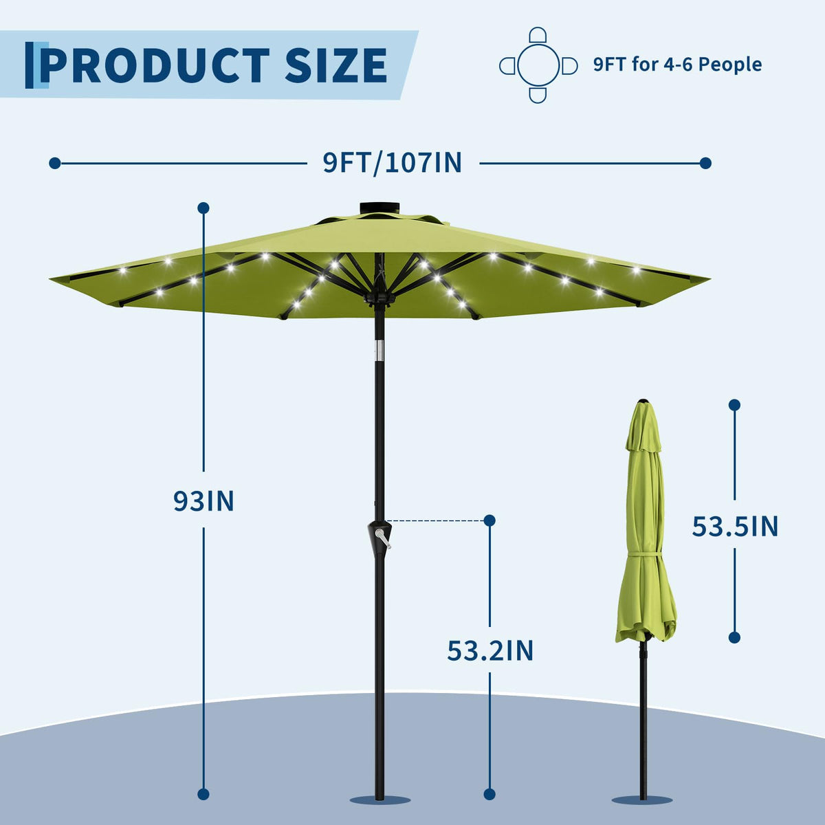 9FT Solar Patio Umbrella Outdoor Umbrella with 32 LED Lights (Apple Green / 9ft With Lights)