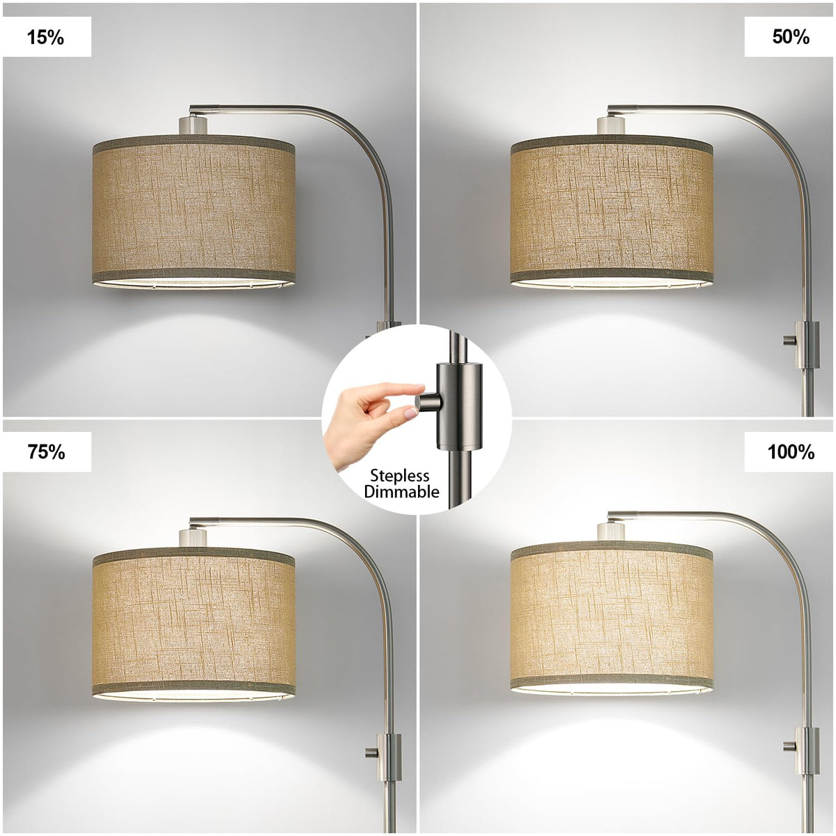 Dimmable Sliver Floor Lamp (Brushed Nickel-Champagne Linen Shade)