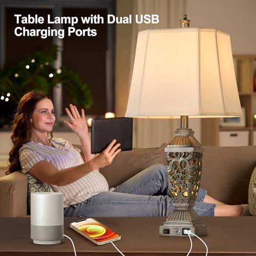 27.5" Touch Control Traditional Table Lamp Set of 2 with USB A+C (Antique Silver-7 / 27.5")