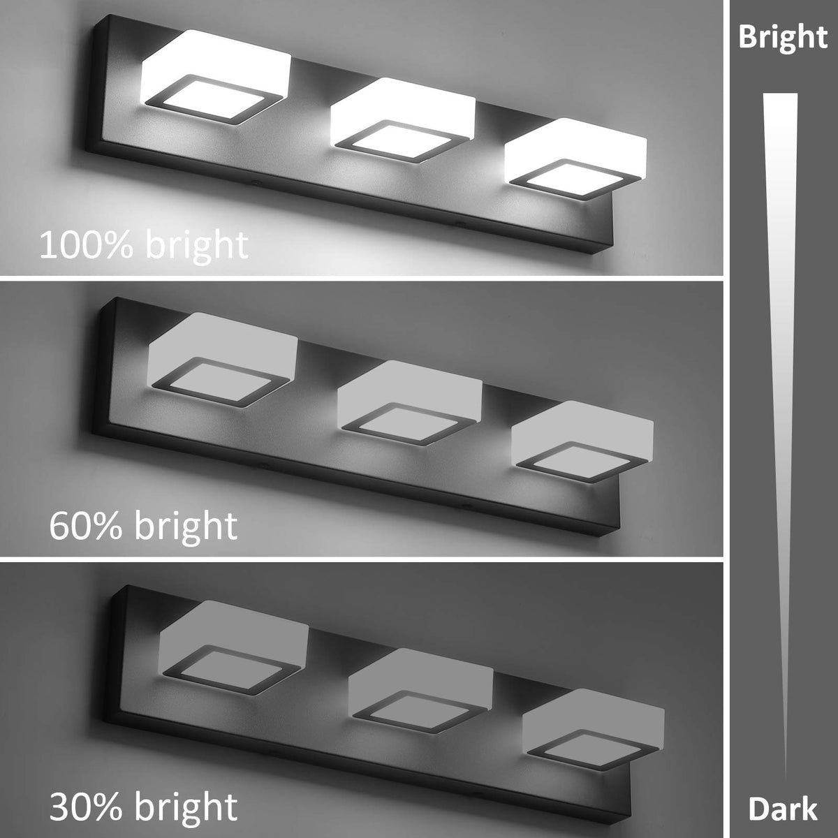 3 Light Dimmable Bathroom Vanity Light LED Modern Matte Black Vanity Wall Light Acrylic Stainless Steel Bathroom Vanity Lighting Fixtures (Black-Dimmable / 20 inch)
