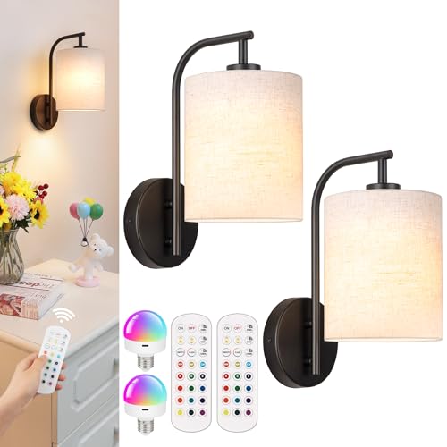 Battery Operated Wall Sconce Set of 2 (Black / Linen / Large)