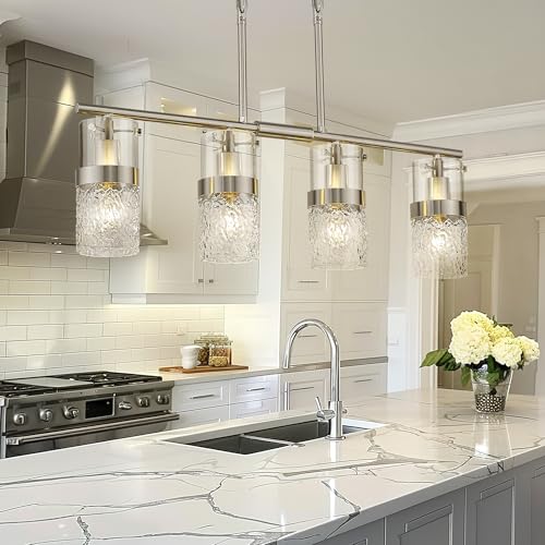 4 Light Brushed Nickel Island Chandelier Lights for Kitchen (Silver -Hammered Glass / 3.5" Hammered Glass, 4-Light)