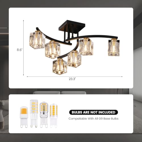 6 Lights Modern Sputnik Ceiling Light Fixture Black Crystal Semi Flush Mount Ceiling Light Farmhouse Chandeliers for Dining Room Living Room Kitchen Island Bedroom Entryway (Black / 6-Light)
