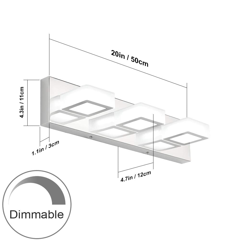 Dimmable LED Vanity Light Modern 3 Light Acrylic Stainless Steel for Bathroom Vanity Lighting Fixtures (Chrome-Dimmable / 20 inch)