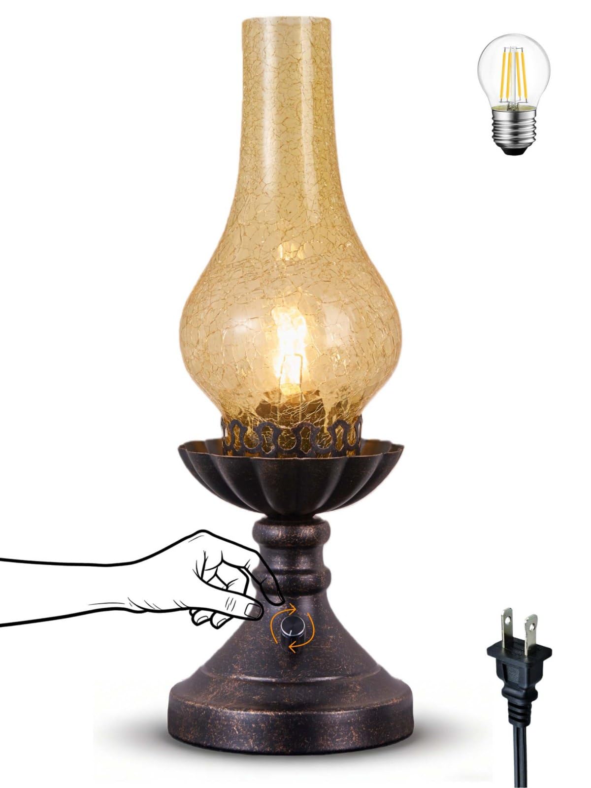 Vintage Table Lamp with Crackled Glass Shade & Rotary Knob Switch (Amber Rs)