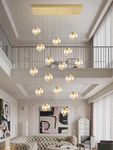 Glass Chandelier LED Modern Gold Pendant Light Globe Ceiling Light 16 (Gold-Clear / Rectangle 16-Light)