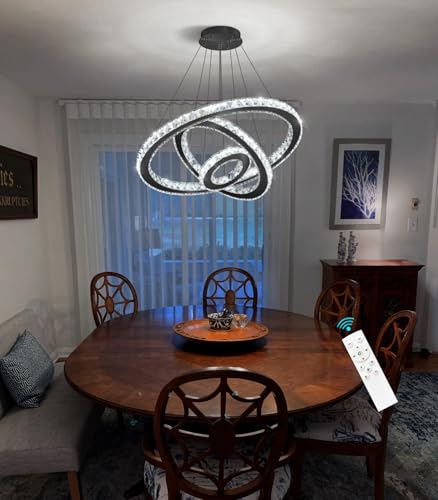 Modern Ring Crystal Chandelier Remote Dimmable LED Ceiling Light Fixtures Stainless Steel Pendant Lighting for Living Room Dining Room Bedroom