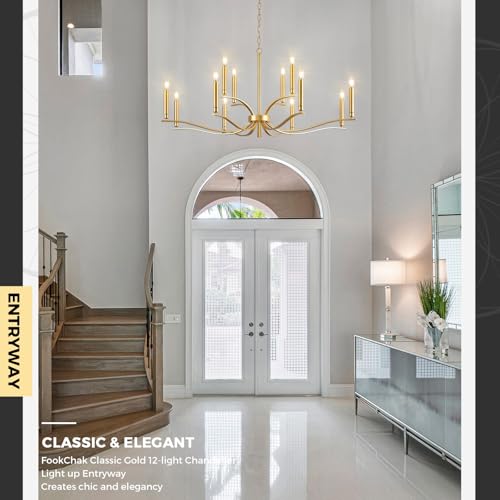 12 Light Gold Living Room Chandelier High Ceiling Foyer Candle Chandelier Large Modern Brass 44in Metal Chandeliers Hanging Light for Master Bedroom Dining Room Light Fixture Over Table (Gold / 44 inch)
