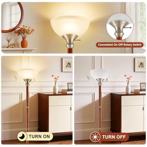 72" Wood Torchiere Floor Lamp with Glass Shade Nikel Standing Lamp (Brushed Nikel)