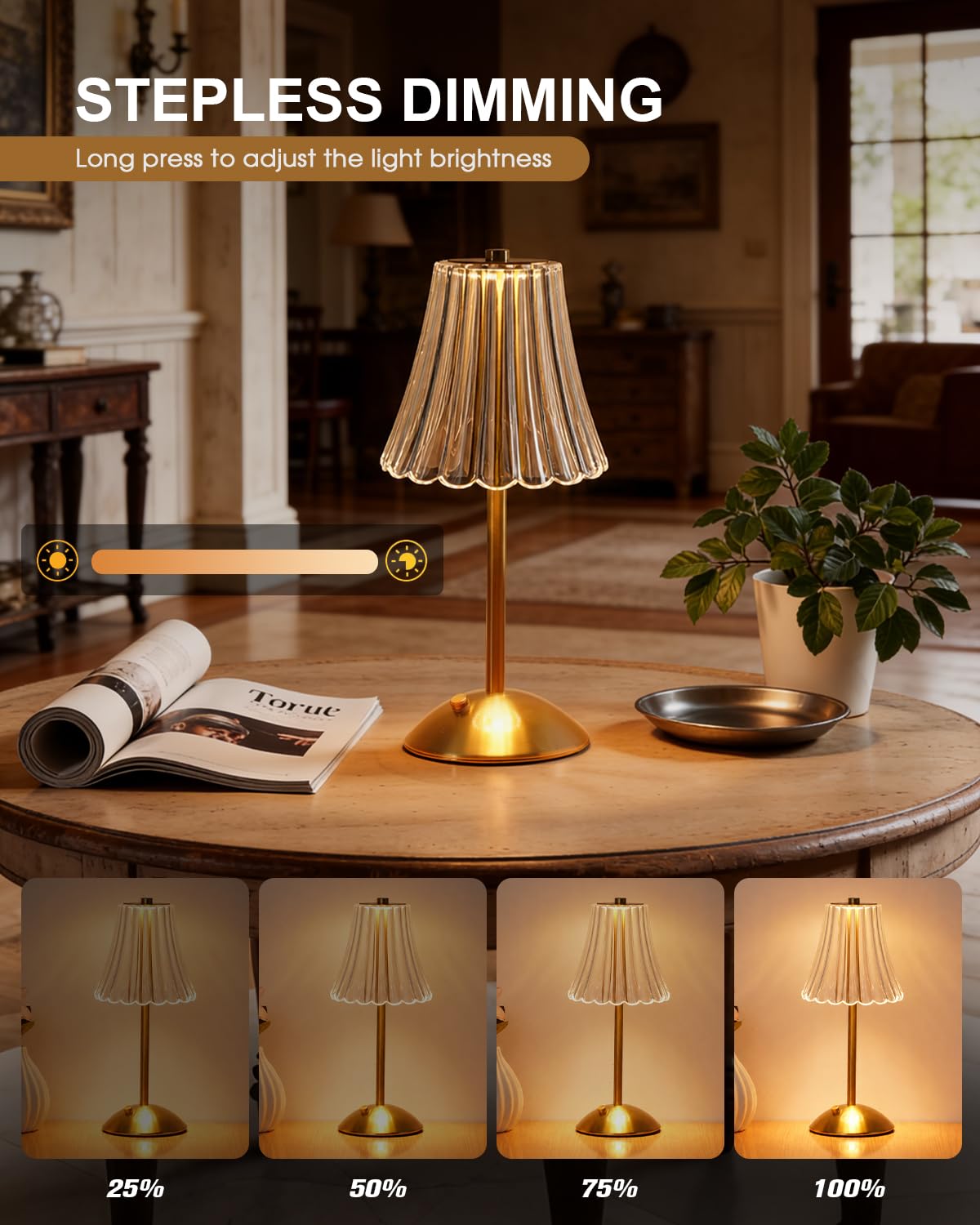 4 Pack Rechargeable Cordless Table Lamp (Gold-Flower)
