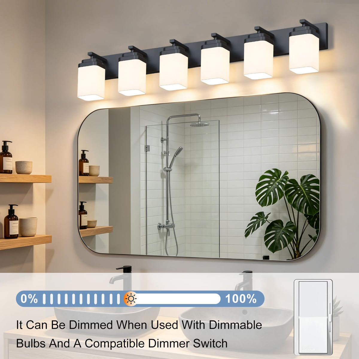 Matte Black Bathroom Light Fixtures (Black, Milky Shade / 6-Light, 46-inch)