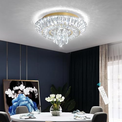 Crystal Chandelier Modern Round Ceiling Light Fixture LED Raindrop Chandeliers Dimmable with Remote for Dining Room Living Room Entryway Hallway Bedroom Gold (Gold / W16")