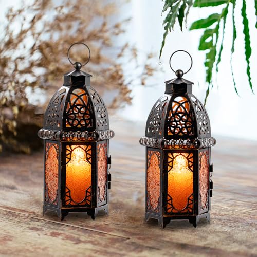 Set of 2 Vintage Large Decorative Moroccan Candle Lantern (Large / Amber - 12.8''h)