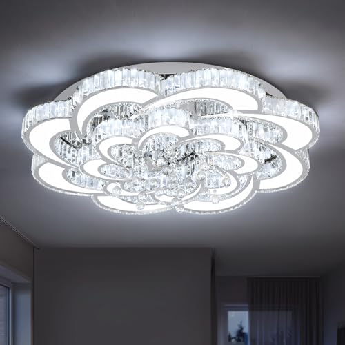 Dia 32'' Modern K9 Crystal Chandelier Flush Mount Ceiling Light Fixture Dimmable LED Chandelier for Living Room Dinning Room Bedroom (Silver / Dia 32'')