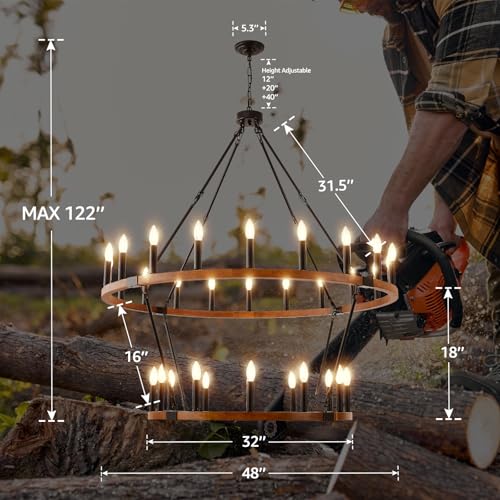 2 Tier 48'' Solid Wood Chandelier 32 (Wooden / 32-Light 48")
