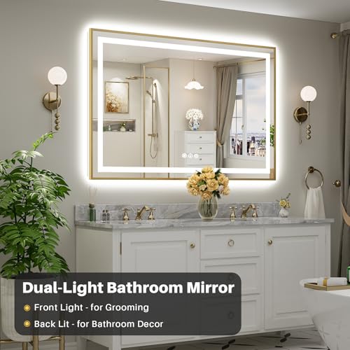 60x40 Inch LED Bathroom Mirror with Gold Frame (Backlit+front Lit With Gold Frame / 60"L x 40"W)