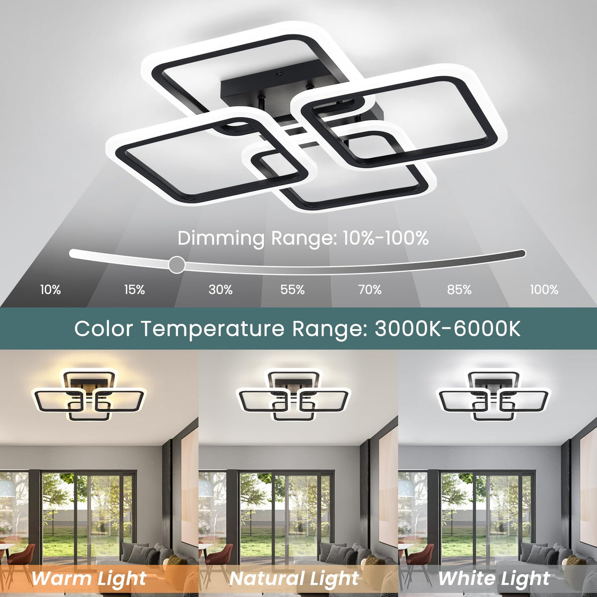 23.6inch Modern LED Ceiling Light 50W Dimmable Ceiling Lamp with Remote Control Square LED Flush Mount Ceiling Light Dining Room (Black / 23.62Inch)