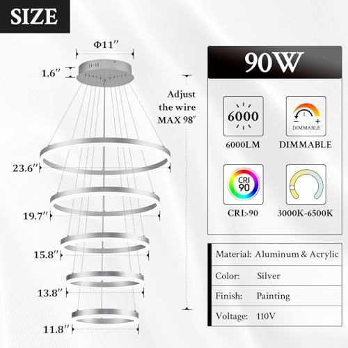 Modern LED Chandelier for Foyer Dimmable Silver High Ceiling Chandeliers Foyer with Remote Control for Entryway Dining Room Living Room Staircase (Silver / 5 Rings 23.6in)