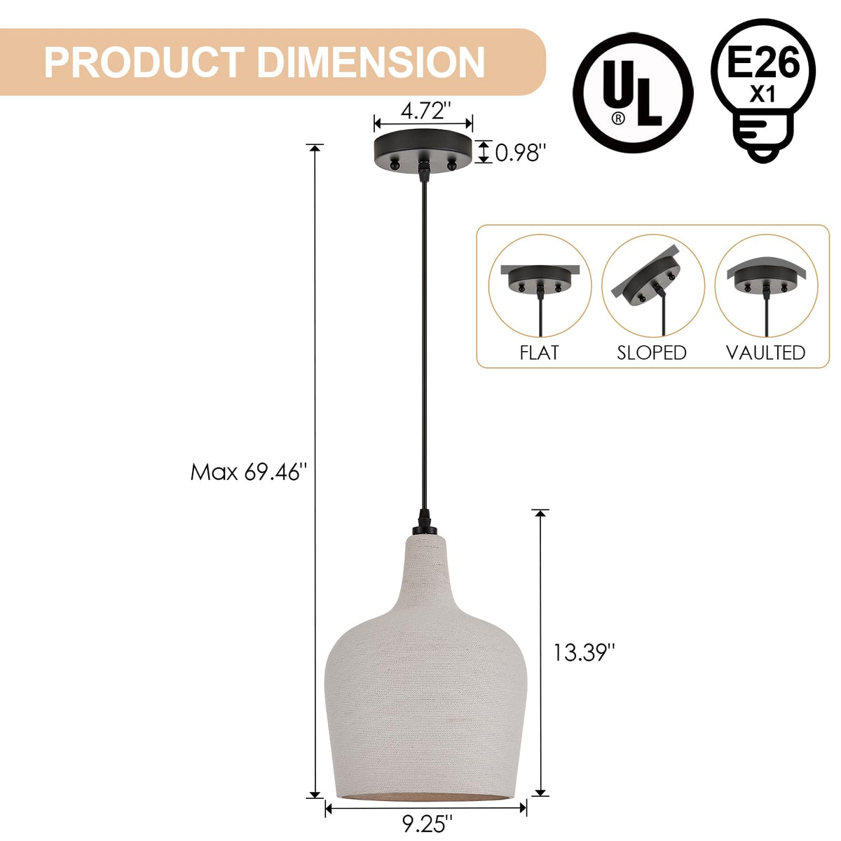 Large Hammered Glass Rattan Pendant Light Boho 1 Light Single Dome Pendant Lighting Fixtures for Kitchen Island Dining Room Hallway (White-Wicker)