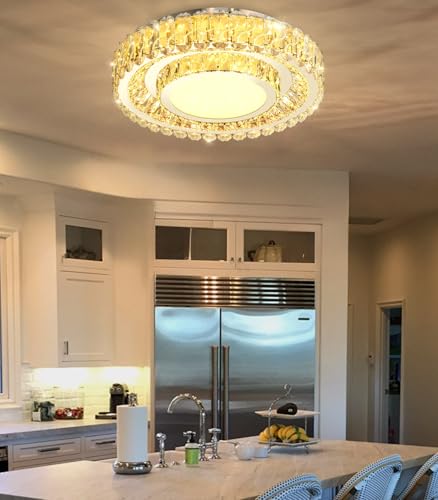 19.6" Dimmable Crystal Chandelier Modern LED Flush Mount Ceiling Light Fixtures for Living Room Bedroom Hallway Kitchen Island Staircase Silver (19.6" Silver)