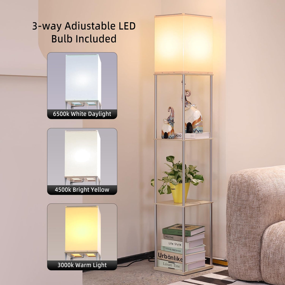 Floor Lamp with Shelves (Beige+Bright Silver-1 Pack)