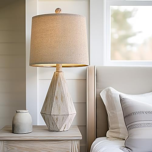 20.25" Rustic Table Lamp Set of 2 for Bedroom Living Room Vintage Retro Traditional Nightstand Bedside Lamps Kids Room Study Room Office with Linen Shade (Small - Washed White)