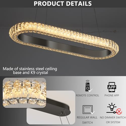 32'' Oval Ring Crystal Chandelier Modern LED Dimmable Ring Pendant Light Chandelier for Dining Room Living Room Black (Black / 1 Ring Oval 32")