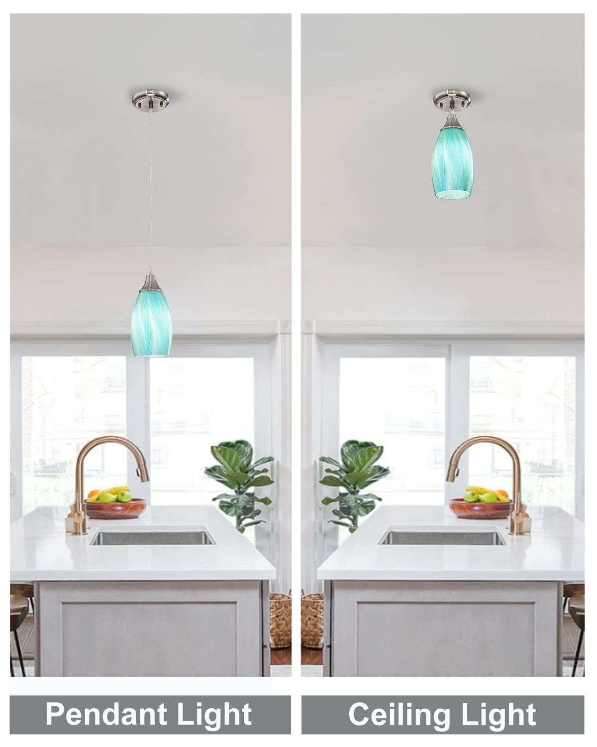 Mini Art Glass Pendant Lights Kitchen Island (Teal(Aqua)with Gold-3Packs)