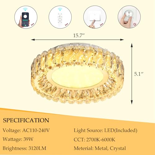 15.7 Inch Mini Dimmable Crystal Chandelier Modern LED Flush Mount Ceiling Light Fixtures for Bedroom Hallway Staircase Living Room Bedroom Foyer Kitchen Island Gold (15.7" Gold)